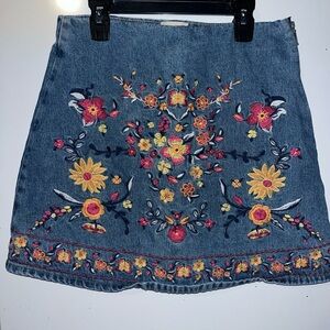 Floral Embroidered Denim Mini Skirt